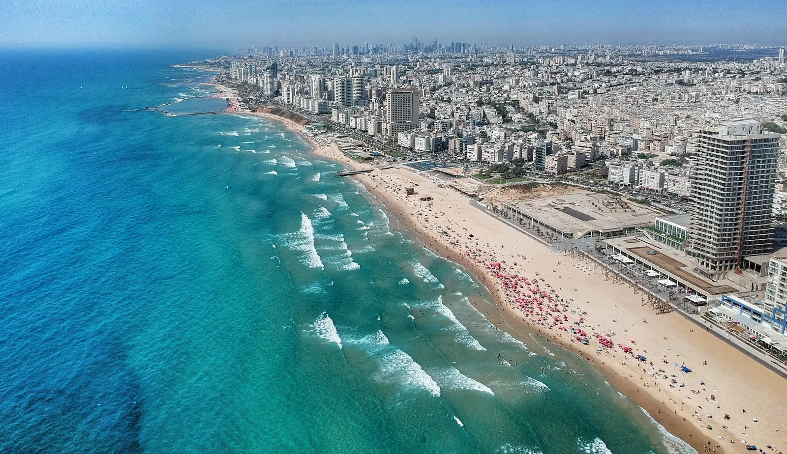 A drone view of the beach in Bat Yam.