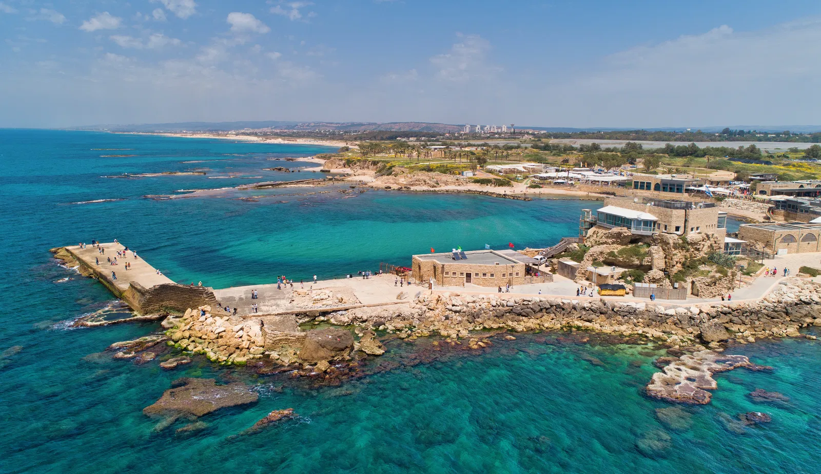 An aerial view of the Caesarea Pier.