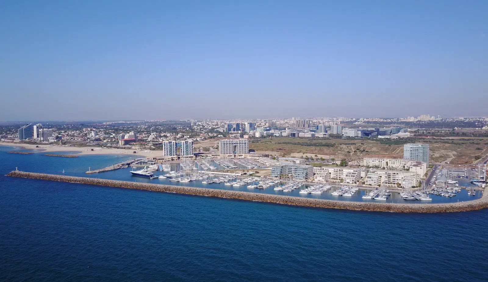 An aerial view of Herzliya by the sea.