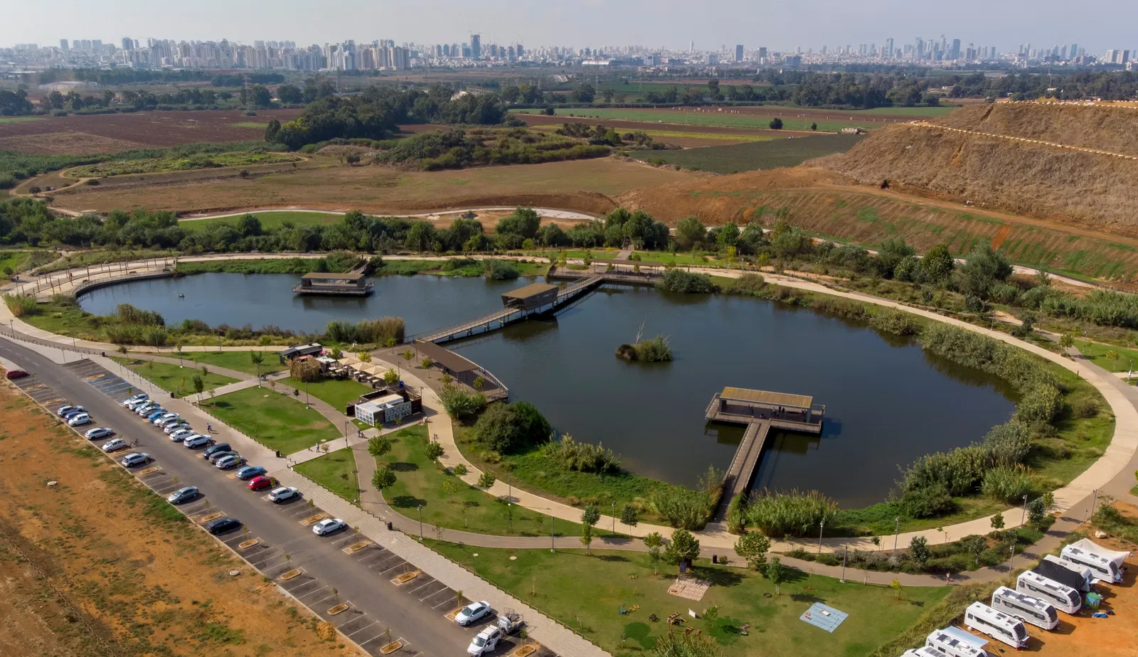 An aerial view of lake in Hod HaSharon.