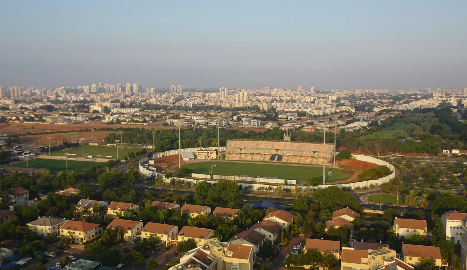 A drone view of a stadium in Kfar Saba.