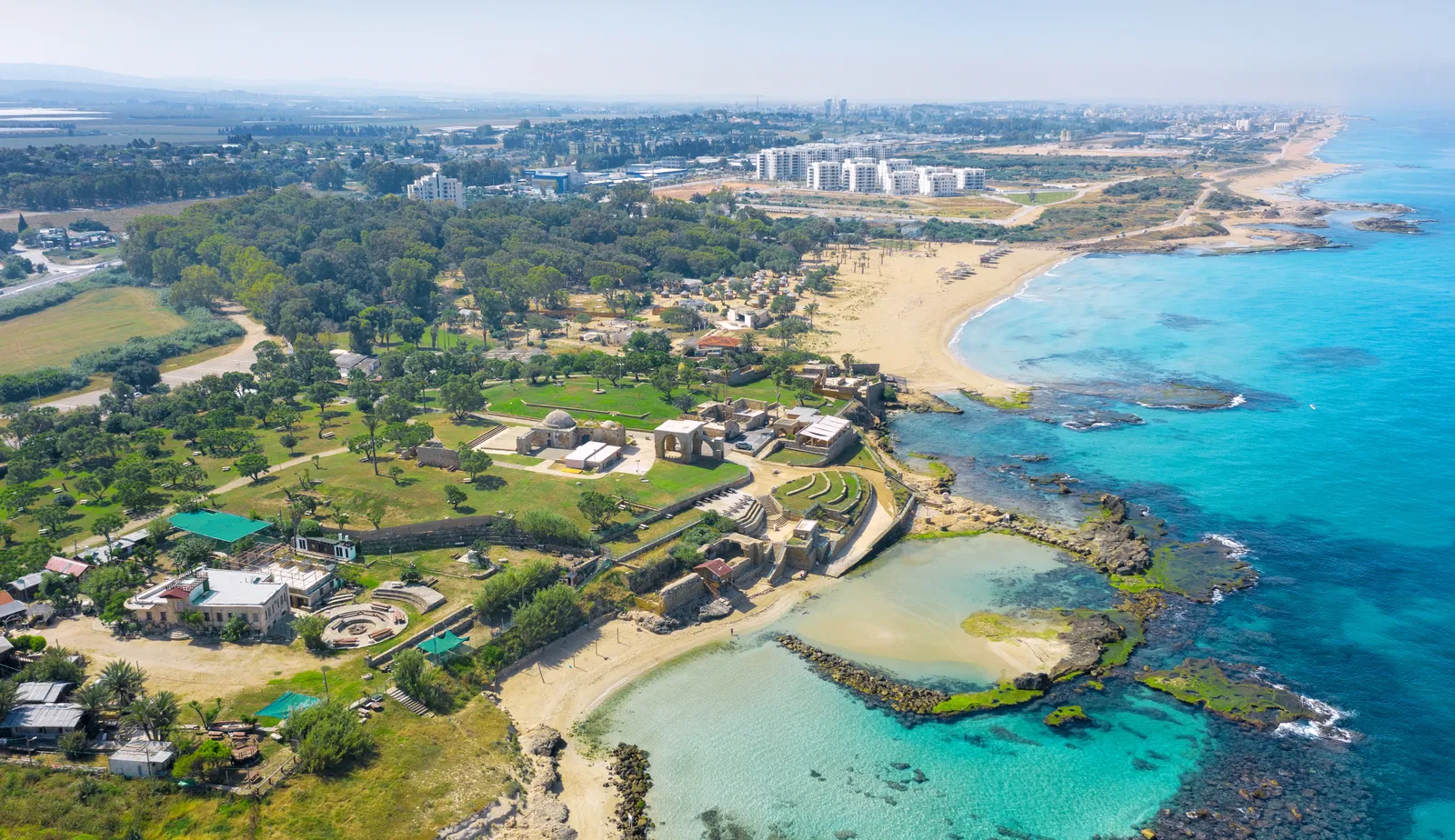 An aerial photograph of the beach in Nahariyya.