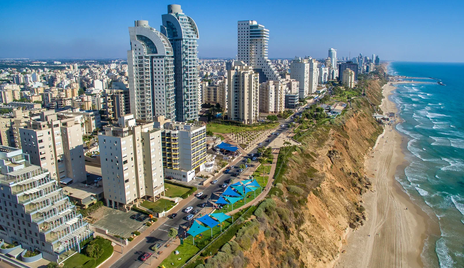 A drone view of Natanya and its' beach.